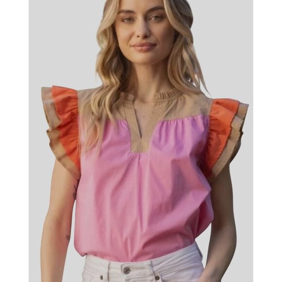 NWT Voy Kendra Colorblock Poplin Ruffle Sleeve Top In Pink~Khaki~Orange ~ SMALL - Picture 1 of 9